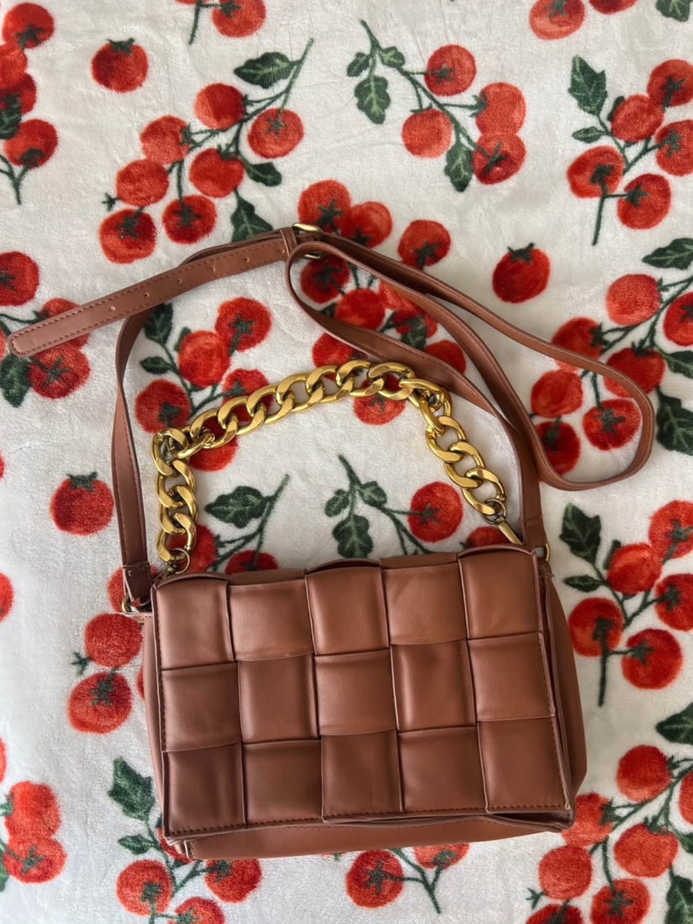 Quilted Leather Crossbody Bag with Gold Chain - Brown